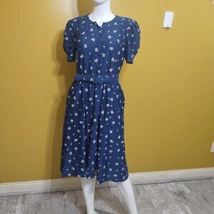 VTG 80s Justin Park Short Puff Sleeve Button Front Floral Fit Flare Dress Sz 12